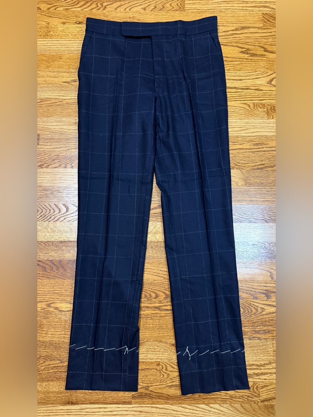 Ralph Lauren Purple Label Gregory Navy Plaid Wool Trousers Men Side Adjusters 34